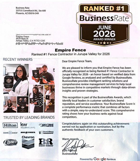 Empire Fence Ranked #1 Fence Contractor in Jurupa Valley โ BusinessRate June 2026 Award
